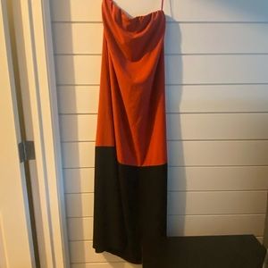 Orange and navy strapless maxi dress